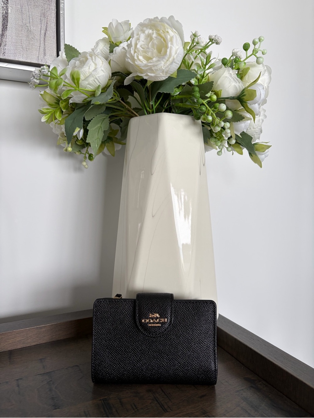 Coach Black Pebbled Leather Snap Continental Wallet with Gold Logo